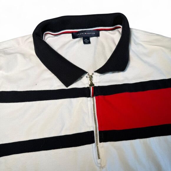 Tommy Hilfiger XXL Polo Shirt Quarter 1/4 Zip Stripe White Navy Red Sailing - Picture 4 of 9